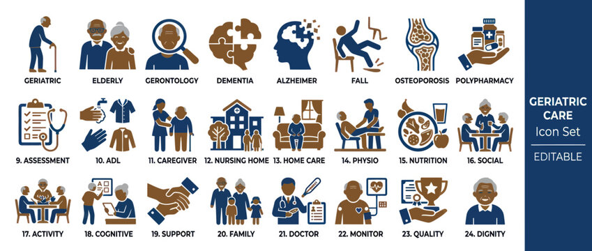 Geriatric Care Icon Set: Health, Support, and Lifestyle for Seniors