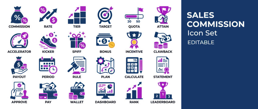 Sales Commission Icon Set: Business Growth, Target Achievement, Financial Success Icons