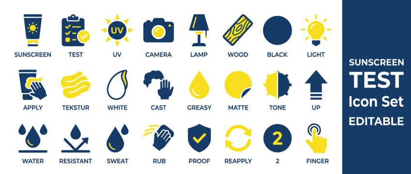 Sunscreen Test Icon Set: UV Protection, Application, Texture, Water Resistance