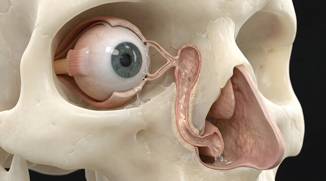 Detailed 3D anatomical illustration of the human eye and lacrimal drainage system showing the nasolacrimal duct and skull bone structure.