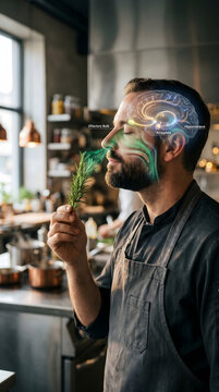 A bearded chef in a commercial kitchen smelling a sprig of fresh rosemary with a detailed anatomical overlay showing the brain's olfactory system.