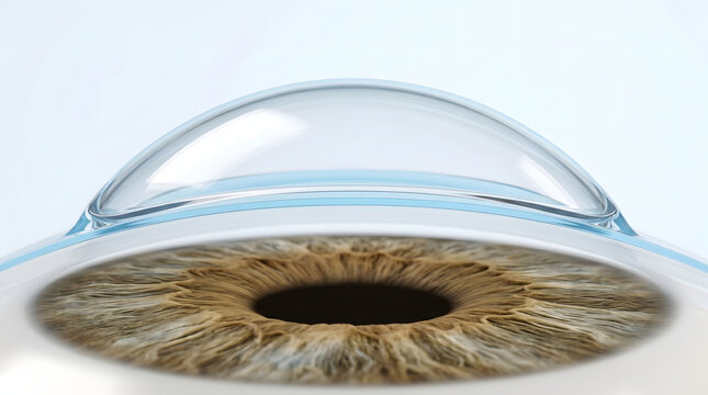Cross-section medical illustration of a human eye showing the transparent cornea, brown iris, and pupil for ophthalmology and vision healthcare concepts.