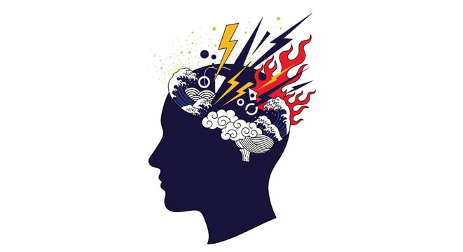 Human head silhouette with brain exploding in a burst of fire and lightning representing stress and mental health issues.