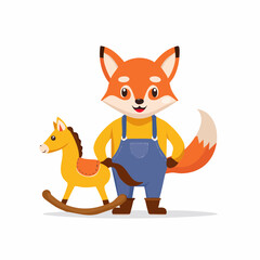 Obraz premium Cute Fox Character with Rocking Horse Toy