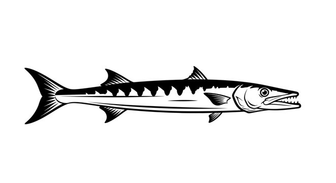A black and white vector illustration of a barracuda fish in a sleek, side-profile style, perfect for logos, icons, or marine-themed designs.