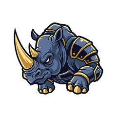 Fototapeta premium Fierce armored rhinoceros mascot character in aggressive stance.