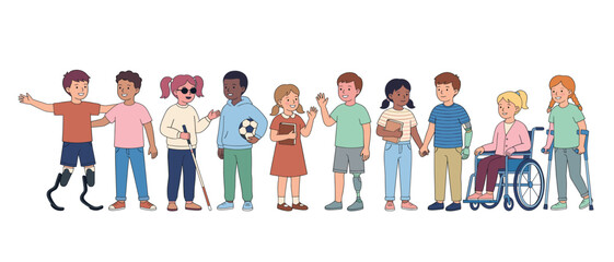 Fototapeta premium Disabled children vector set. Diverse cartoon kids with prosthetics, wheelchair, crutches, white cane, isolated transparent background elements.