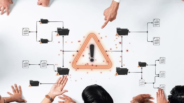 Group of Business Professionals Analyzing Data Flowchart with Warning Sign in Center on White Table Surface Sigmoid