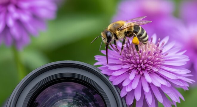 Close-up of a fuzzy bee collecting nectar from a vibrant purple aster flower with camera lens detail