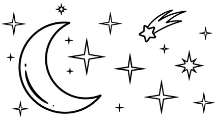 A black and white line art illustration of a crescent moon, shooting star, and various sparkling stars, perfect for celestial, night, or magical design themes. © Hafiz