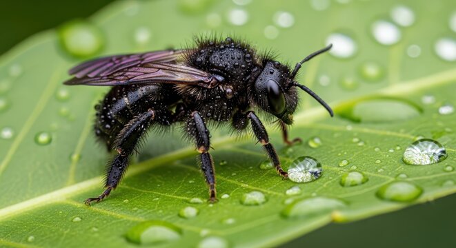 Close-up of a black bee resting on a wet green leaf with water droplets