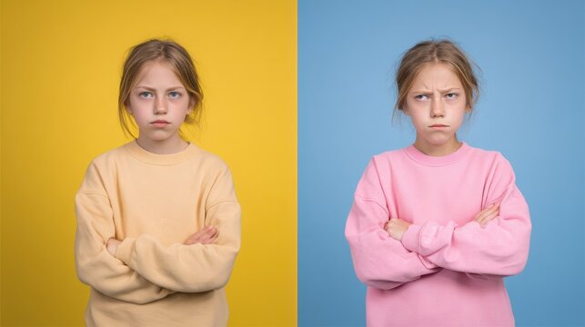 Angry young girl with crossed arms on split yellow and blue background