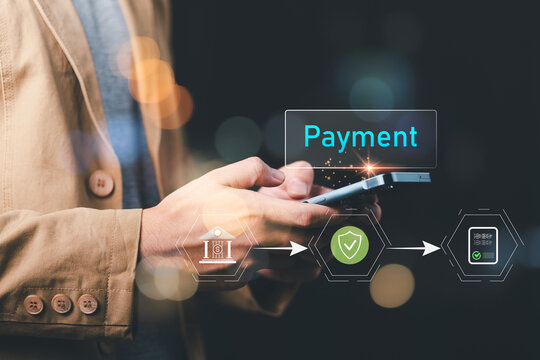 Financial analyst manages digital payment transactions secure mobile banking technology, enabling cashless payments, online transfers, transaction security, financial services, payment processing