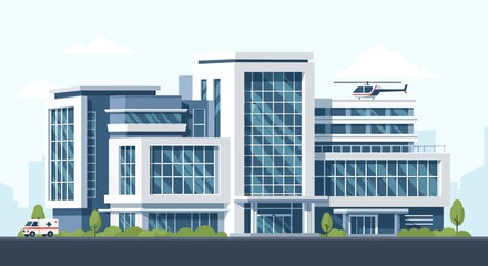 Hospital building features a modern glass facade with a landing pad for emergency medical helicopters. © yanto