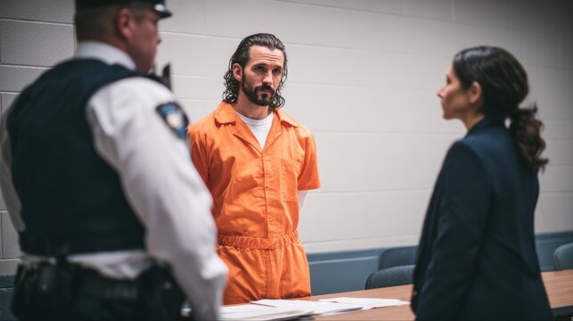 Prisoner in orange jumpsuit, officer, and lawyer in a formal legal setting.