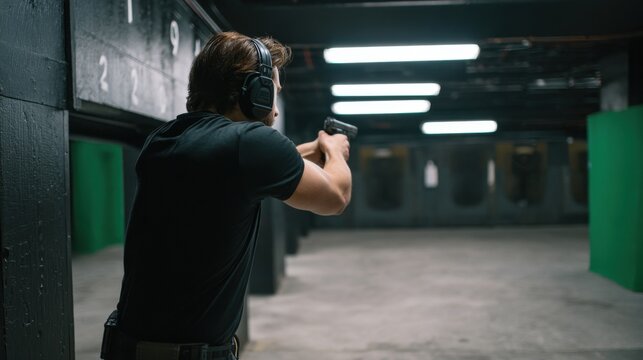 Man Practicing Target Shooting with Handgun at Indoor Firing Range