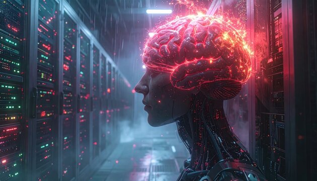 Cybernetic robot profile with glowing digital brain in server.