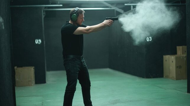 Man firing a handgun in an indoor shooting range, creating a cloud of smoke.