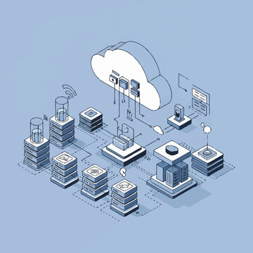 Isometric illustration of cloud computing and data center infrastructure.
