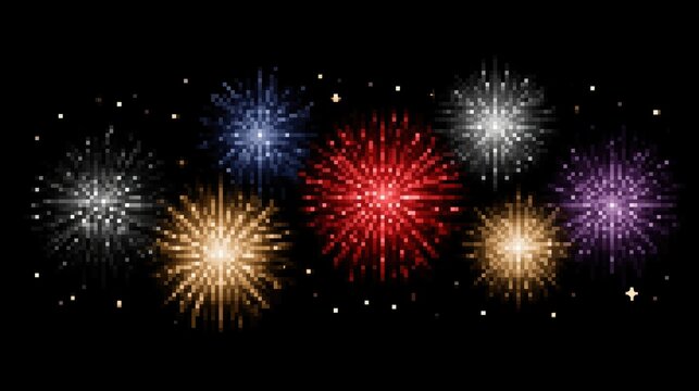 Colorful pixel art fireworks display against dark night background vibrant pixelated fireworks exploding in multiple colors against black sky