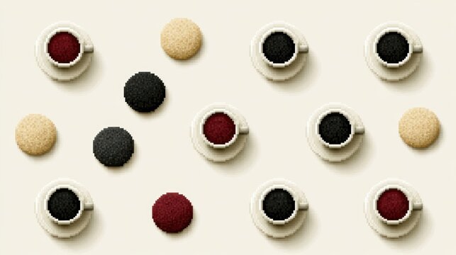 Top view pattern of coffee cups filled with various dark drinks and round biscuits on light cream background