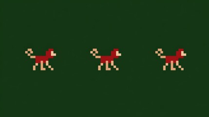 Fototapeta premium Three red pixel art monkeys walking in a row on a dark green background digital illustration minimalist retro style design