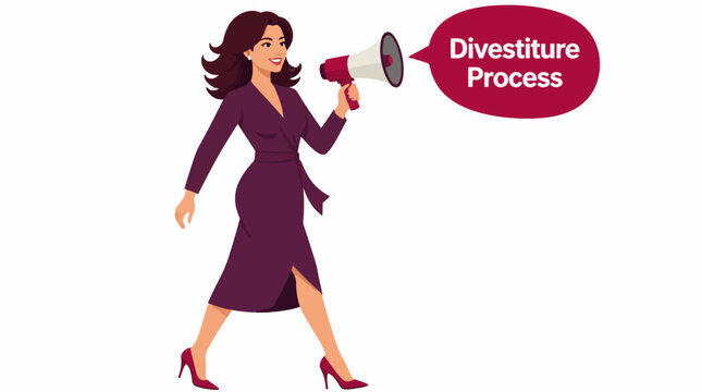 Businesswoman holding megaphone for divestiture announcement.