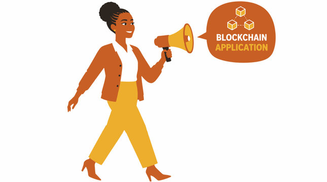 Woman holding megaphone promoting blockchain applications.
