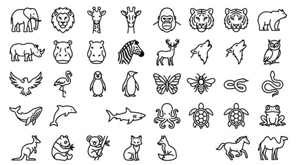 Fototapeta premium Wildlife and exotic animal line art icon collection.