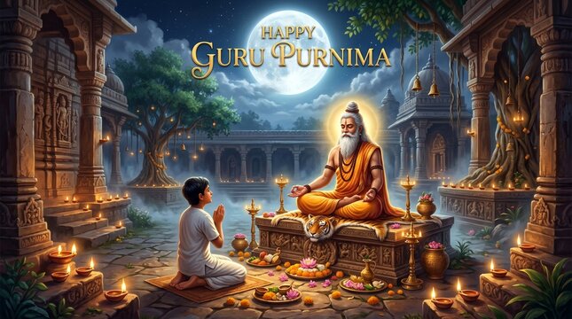 A young disciple bows in reverence to a meditating guru under a full moon, with oil lamps and ancient temple ruins creating a sacred ambiance for Guru Purnima