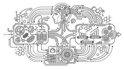 Obraz premium Bio-mechanical illustration of human head with integrated circuits.