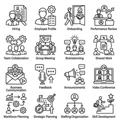 Fototapeta premium Workplace communication and business collaboration line icons.