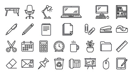 Fototapeta premium Workspace furniture and office accessory outline icons.