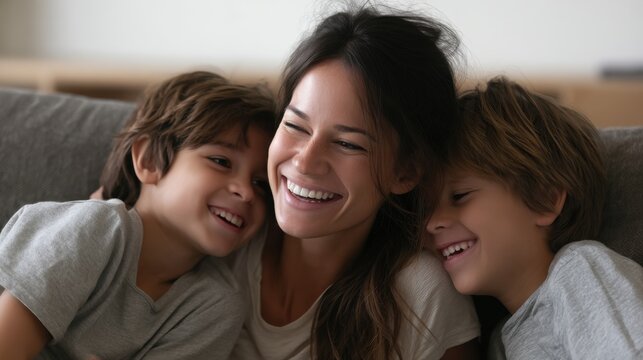 Joyful mother and two sons sharing a happy moment, laughing together on the couch.