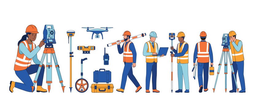 Geodetic surveying vector set. Cartoon surveyors operating total station, drone, laser level, measuring wheel, isolated transparent background elements.