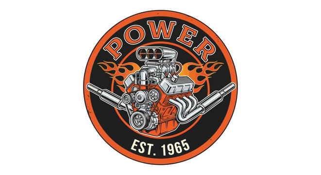 Retro V8 Engine Power Logo Emblem with Supercharger and Flames for Automotive Garage and Custom Car Shop Design
