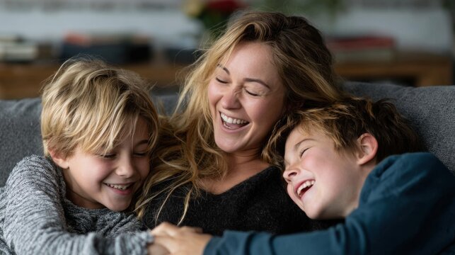 Close-up of a mother and her two sons erupting in laughter, pure joy.
