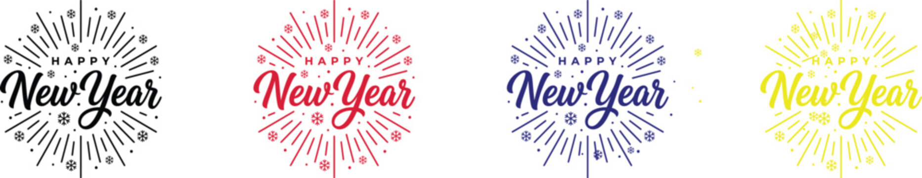 Happy new year creative holiday greeting card design featuring black cursive typography surrounded by radial burst lines and delicate snowflake icons isolated on simple clean white vector background