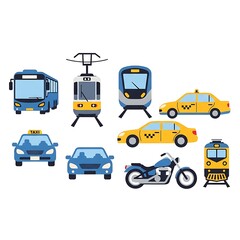 Fototapeta premium Colorful collection of vehicles and transportation icons.
