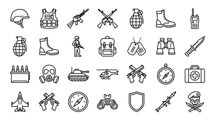 Military tactical gear and defense equipment icons. © ULFAITA