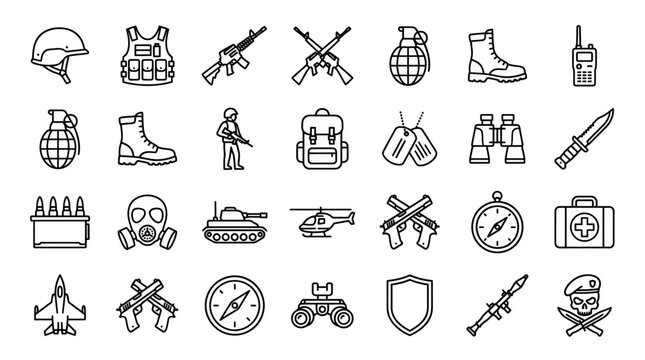 Military tactical gear and defense equipment icons.