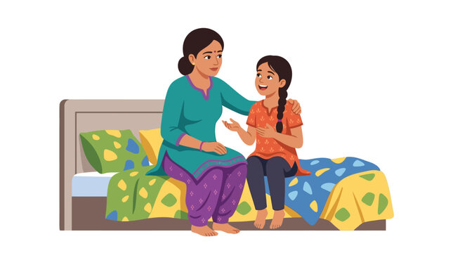 Flat vector illustration of an Indian mother in a teal salwar kameez and her daughter in an orange tunic sitting on a bed and talking, modern clean style on a white background.