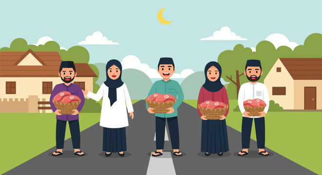 Muslim People Sharing Sacrificial Meat for Eid al-Adha Celebration Illustration. Group of Happy Muslims Carrying Baskets of Meat in a Village Setting for Qurban Tradition.