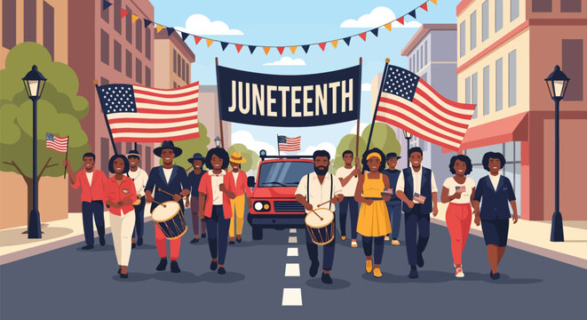 Juneteenth Celebration Parade Illustration with African American Community Marching with Flags and Banner