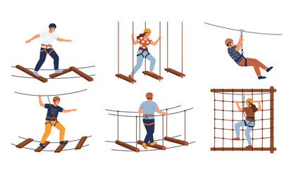 Rope park adventure set. Cartoon people climbing obstacle course, zip lining, balancing on bridges, wearing helmets, isolated on white background. ©  AR Studio Company