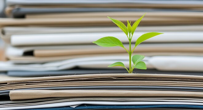 Green plant seedling growing through stacks of textile fabrics symbolizing sustainable fashion and ecology