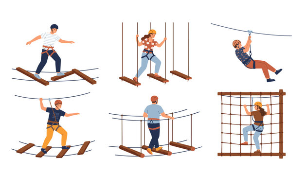 Rope park adventure set. Cartoon people climbing obstacle course, zip lining, balancing on bridges, wearing helmets, isolated on white background.