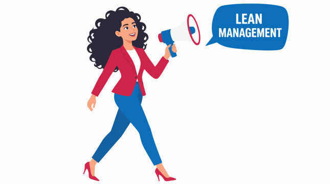 Confident woman holding megaphone for lean management concept.