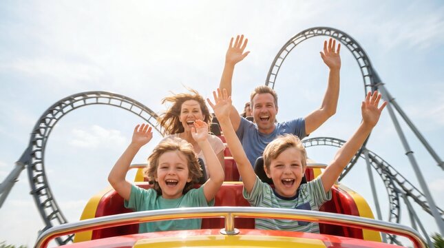 Happy family enjoying a thrilling roller coaster ride at an amusement park
