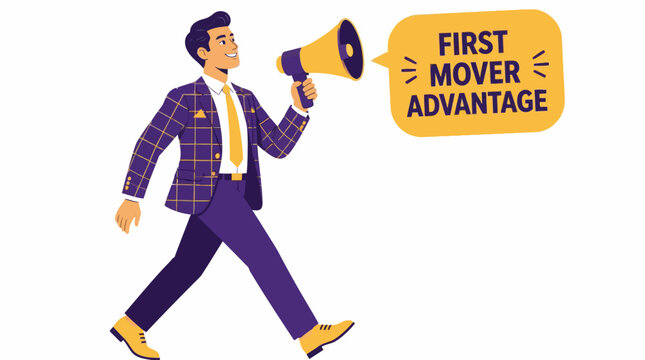 Confident businessman holding megaphone walking forward.